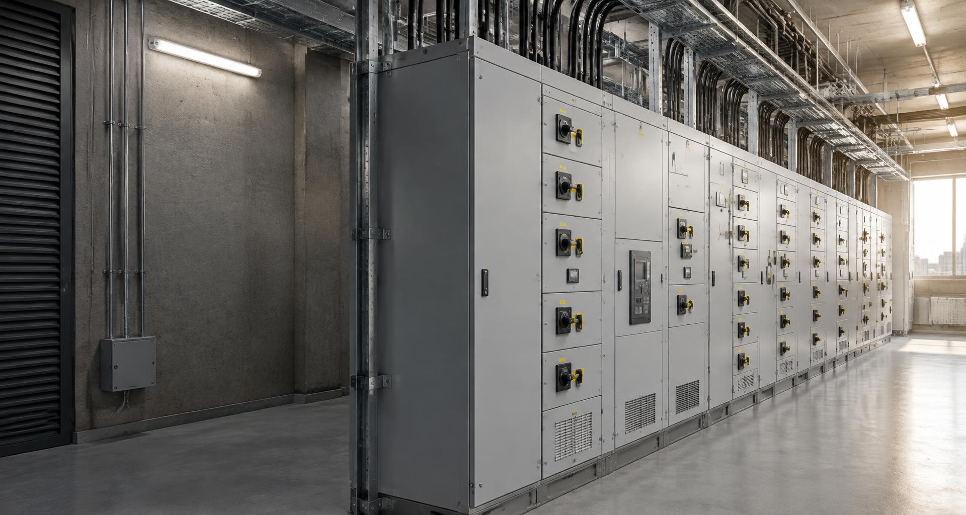 Commercial low-voltage switchgear and organised cable containment in an electrical plant room